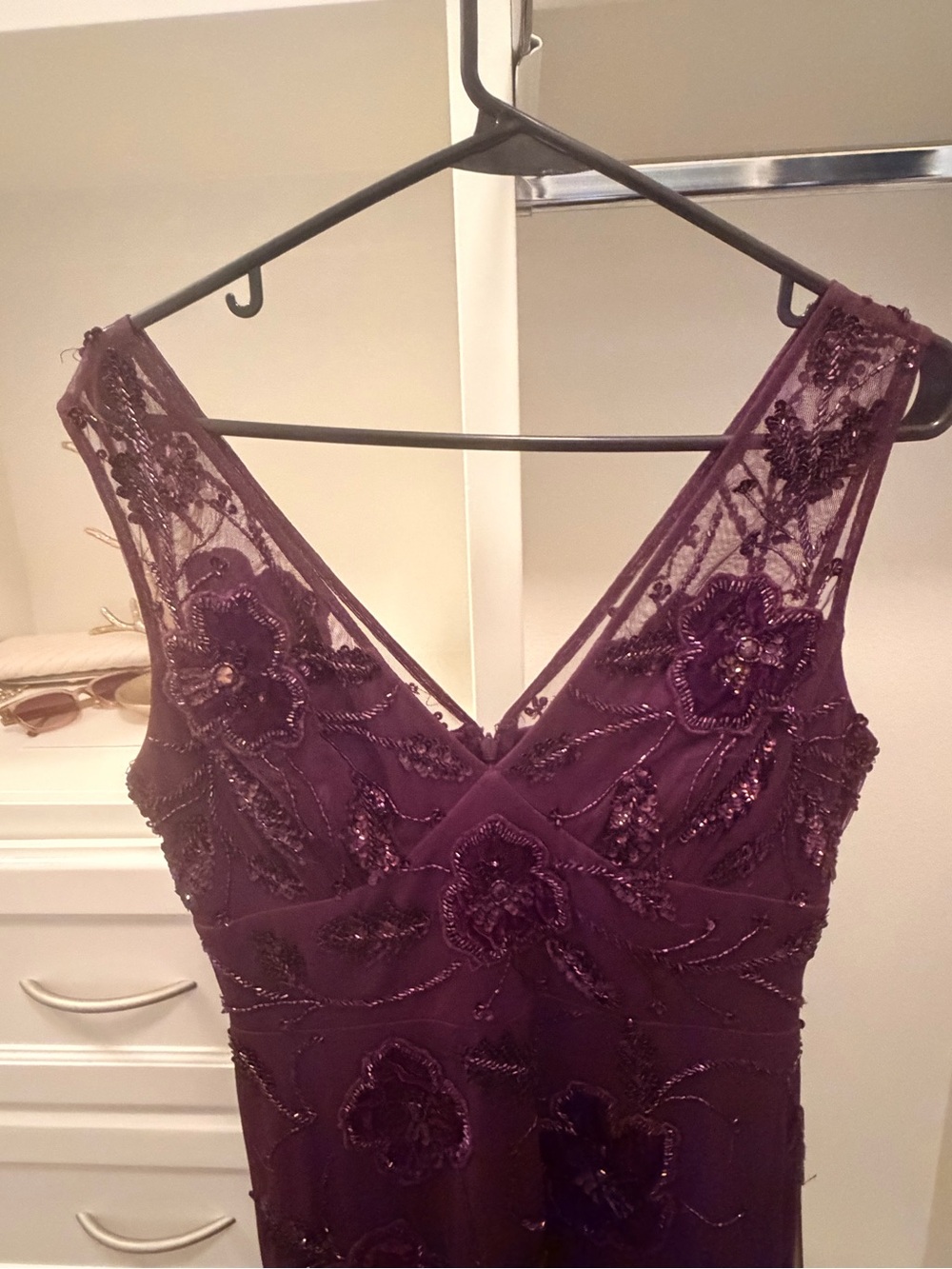 NWOT Adrianna Papell Plum Beaded V-Neck Evening Dress
